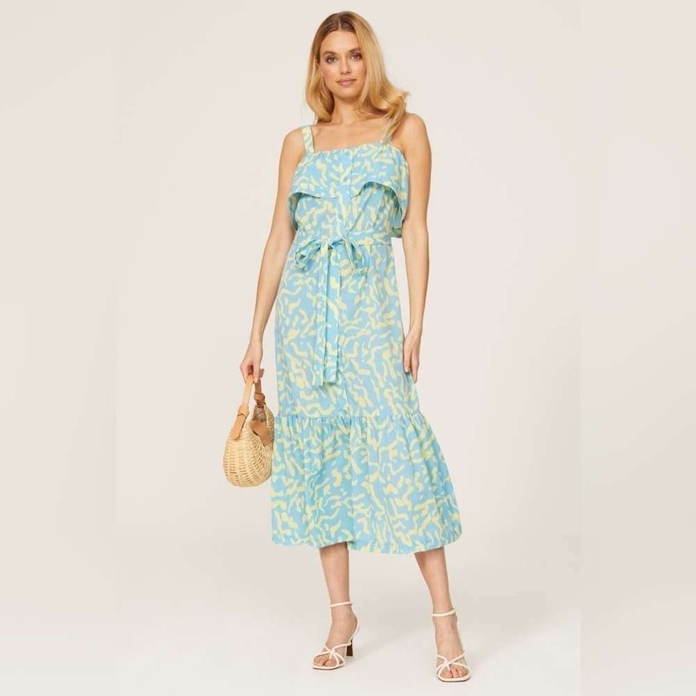 Derek Lam Collective RTR Blue Scribble Tie Midi Dress Tiered Size 36